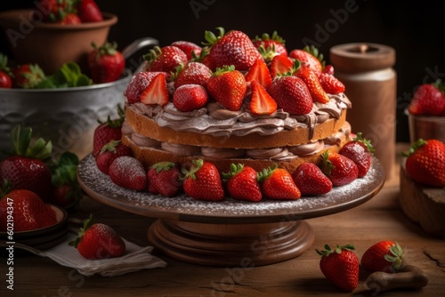 イチゴに飾られたチョコクリームのホールケーキ：AI作品
