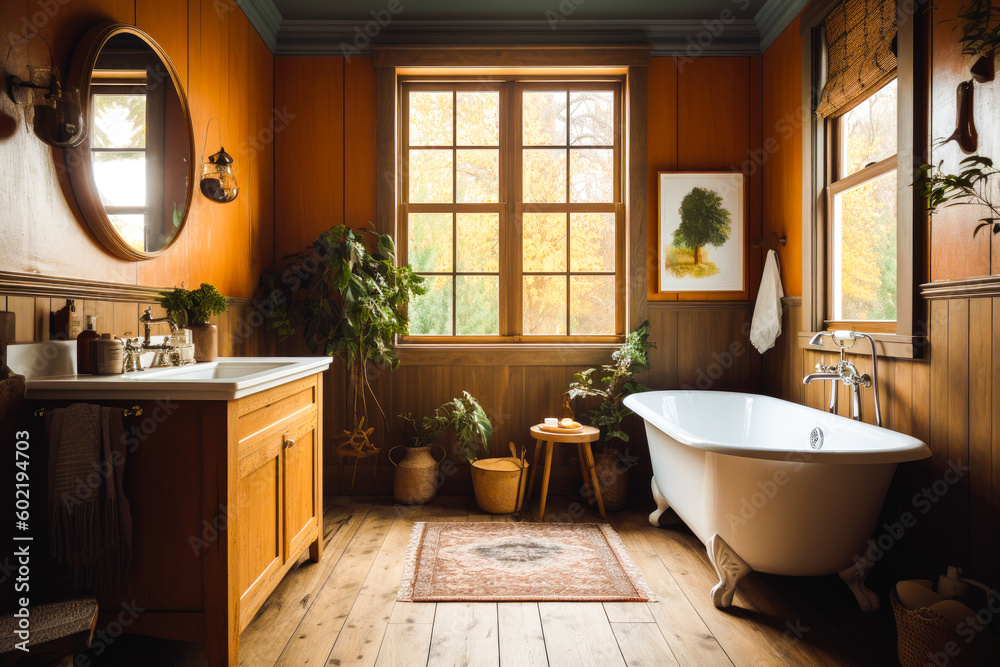 Fototapeta premium Cottagecore styled bathroom with lots of house plants. High quality generative ai