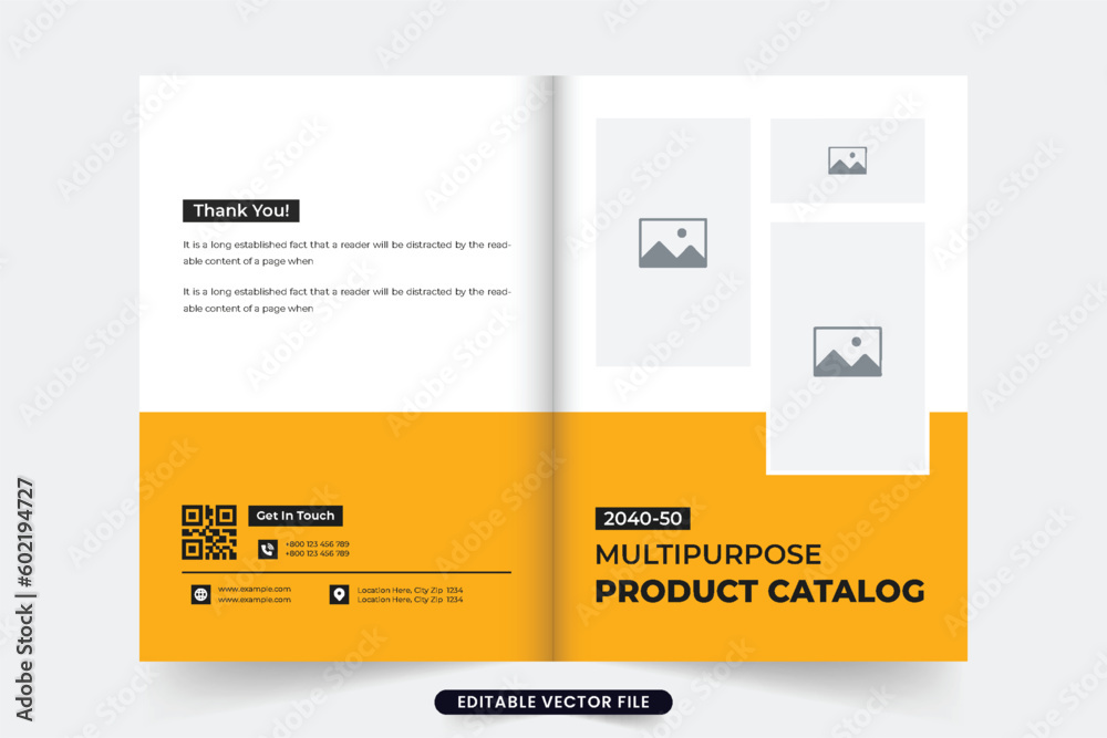 Product catalog booklet cover vector with yellow and dark colors. Modern furniture sale catalog cover template design with photo placeholders. Brand product and furniture catalog vector for marketing. Product catalog booklet cover vector with yellow and dark colors. Modern furniture sale catalog cover template design with photo placeholders. Brand product and furniture catalog vector for marketing.
