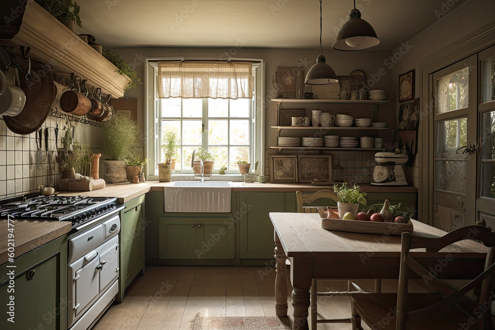Fototapeta premium Cottagecore style kitchen. High quality generative ai