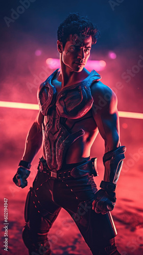 Photo realistic illustration of a super soldier, martial artist, in a gladiatorial arena. Anatomy and lighting reference. Generative AI.