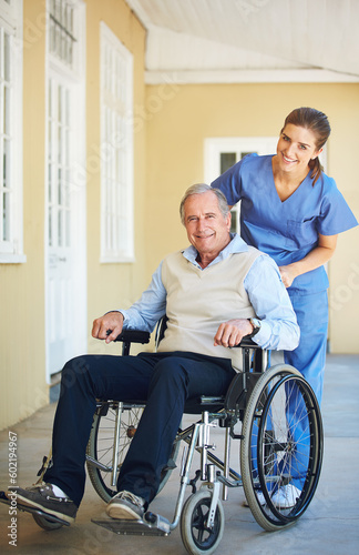 Portrait, nurse or happy old man in wheelchair in hospital clinic helping an elderly patient for trust or support. Happy, smile or healthcare caregiver talking to senior person with a disability