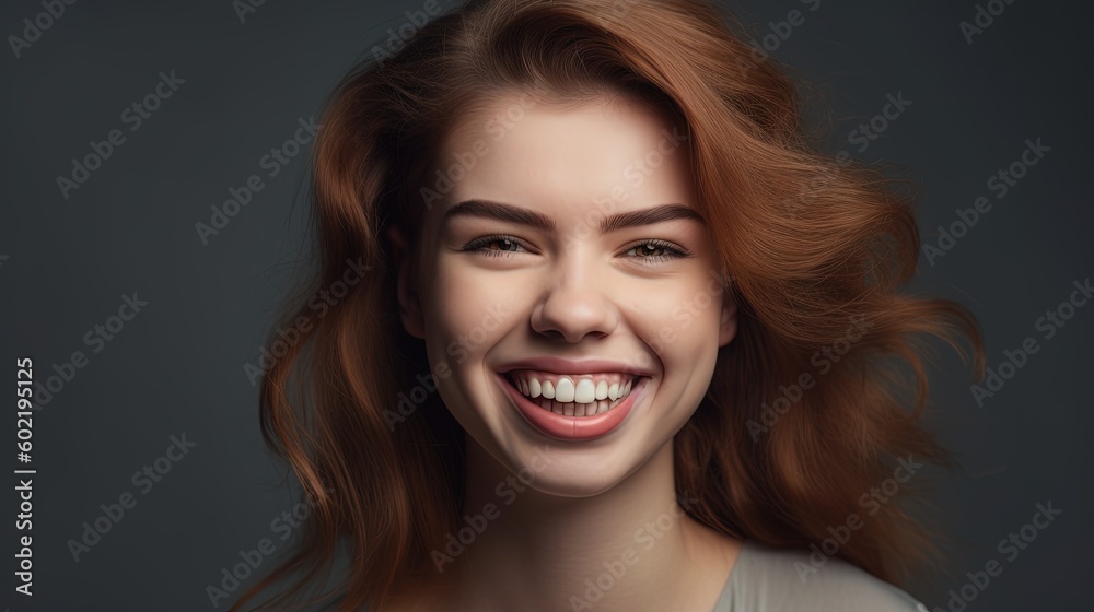 Closeup portrait of a beautiful smiling young woman on grey background.Generative Ai Closeup portrait of a beautiful smiling young woman on grey background.Generative Ai
