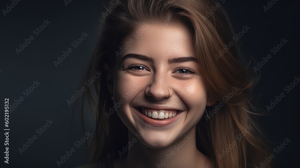 Closeup portrait of a beautiful smiling young woman on grey background.Generative Ai Closeup portrait of a beautiful smiling young woman on grey background.Generative Ai