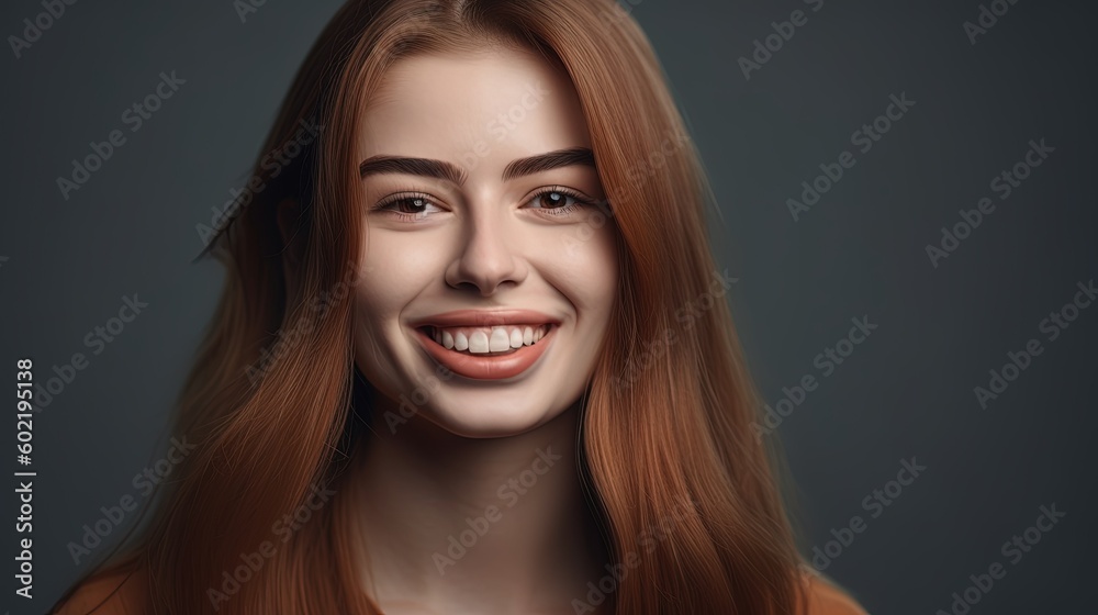 Closeup portrait of a beautiful smiling young woman on grey background.Generative Ai Closeup portrait of a beautiful smiling young woman on grey background.Generative Ai