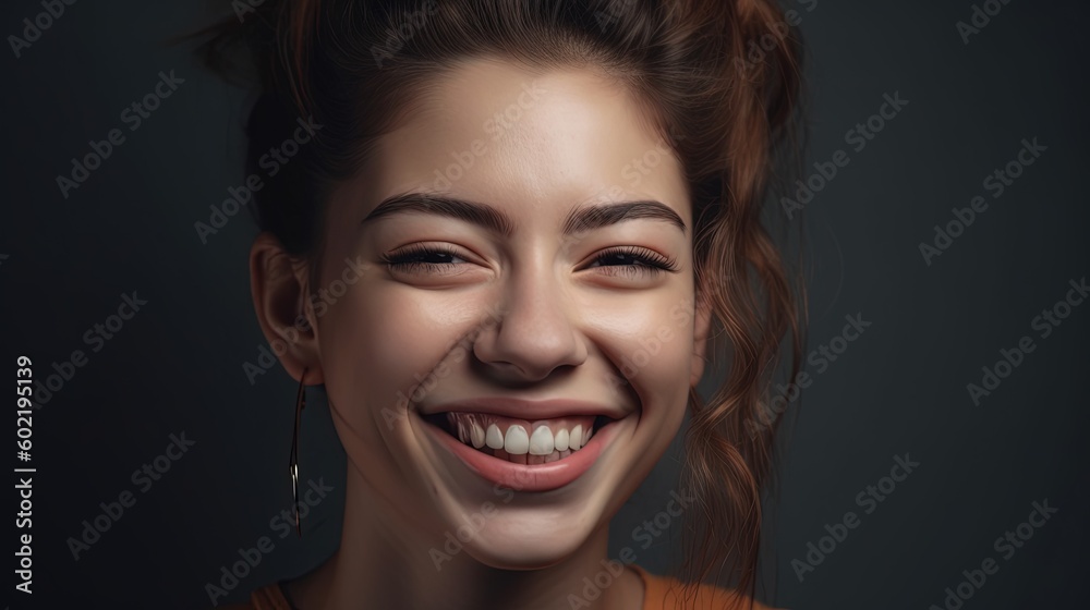 Closeup portrait of a beautiful smiling young woman on grey background.Generative Ai Closeup portrait of a beautiful smiling young woman on grey background.Generative Ai