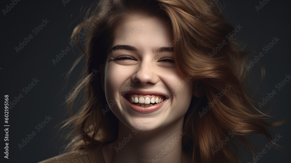 Closeup portrait of a beautiful smiling young woman on grey background.Generative Ai Closeup portrait of a beautiful smiling young woman on grey background.Generative Ai