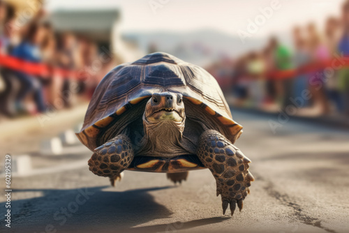Tortoise or turtle first place in the race, concept of Tortoise and the Hare, Generative AI photo