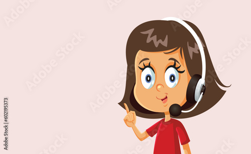 Little Girl Wearing a Hands-free Headset Vector Cartoon Character. Child talking on the phone speaking and communicating 
