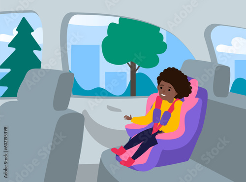 little african american girl  sitting in a car seat child safety transportation inside auto vector illustration