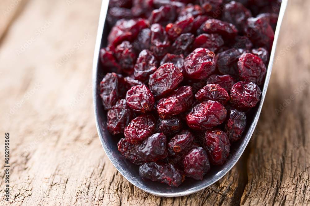 Dried Cranberries in metal scoop on wood (Selective Focus, Focus in the middle of the image) Dried Cranberries in metal scoop on wood (Selective Focus, Focus in the middle of the image)