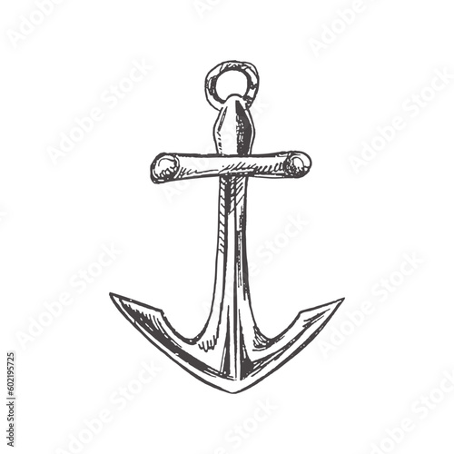 Hand drawn  sketch of ship's anchor. Vintage vector illustration isolated on white background. Doodle drawing.