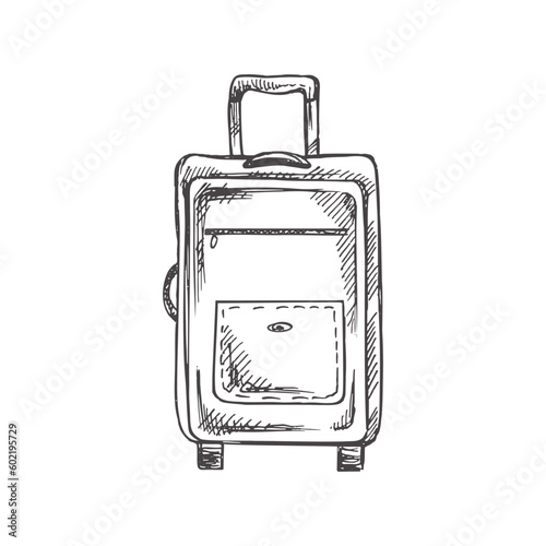 Hand drawn  sketch of suitcase. Vintage vector illustration isolated on white background. Doodle drawing.