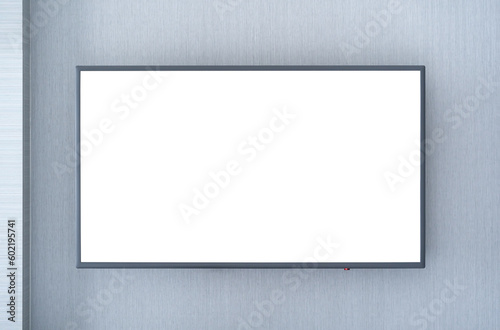 empty wide screen led television or tv with blank white space display and black frame for monitor hanging on gray wall in room with red light to open for entertainment isolated included clipping path