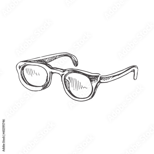 Hand drawn  sketch of sunglasses. Vintage vector illustration isolated on white background. Doodle drawing.