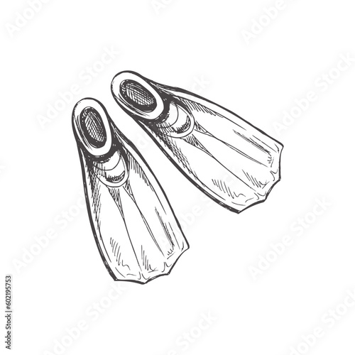 Hand drawn  sketch of diving fins. Vintage vector illustration isolated on white background. Doodle drawing.