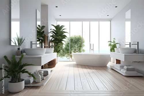 Modern gray bathroom with bathtub  3d rendering