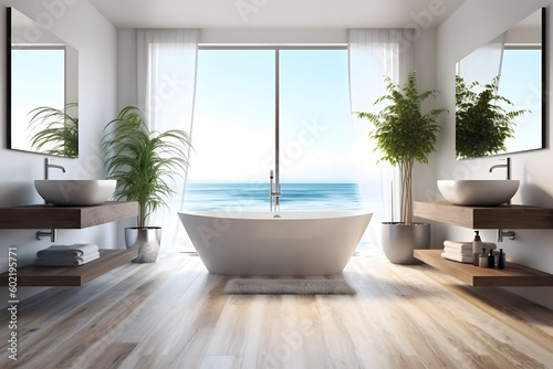 Modern gray bathroom with bathtub  3d rendering