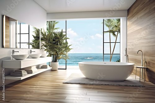 Modern gray bathroom with bathtub, 3d rendering