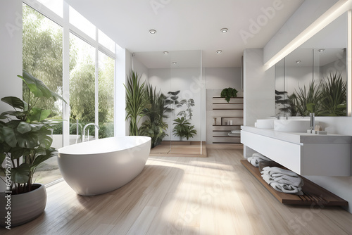 Modern gray bathroom with bathtub  3d rendering