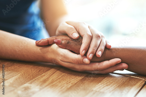 Support, love and diversity with people holding hands for hope, trust and empathy. Faith, forgive and friends with a helping hand, respect and help through grief or consoling with connection photo