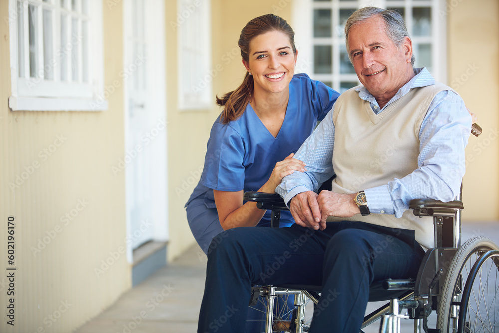 Portrait, caregiver or old man in a wheelchair in hospital helping an elderly patient for support in clinic. Happy, medical or healthcare social worker talking to a senior person with a disability
