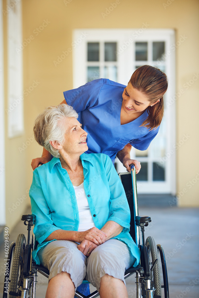 Talking, nurse or happy old woman in wheelchair in hospital clinic helping an elderly patient for support. Trust, smile or healthcare medical caregiver speaking to a senior person with a disability Talking, nurse or happy old woman in wheelchair in hospital clinic helping an elderly patient for support. Trust, smile or healthcare medical caregiver speaking to a senior person with a disability