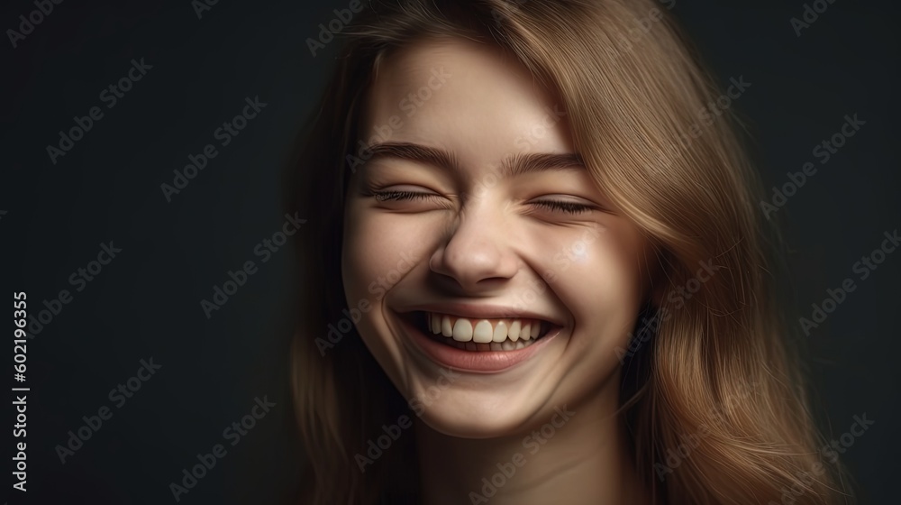 Closeup portrait of a beautiful smiling young woman on grey background.Generative Ai Closeup portrait of a beautiful smiling young woman on grey background.Generative Ai