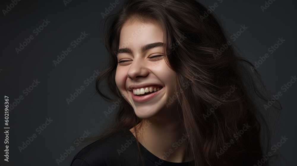 Fototapeta premium Closeup portrait of a beautiful smiling young woman on grey background.Generative Ai