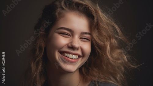 Closeup portrait of a beautiful smiling young woman on grey background.Generative Ai