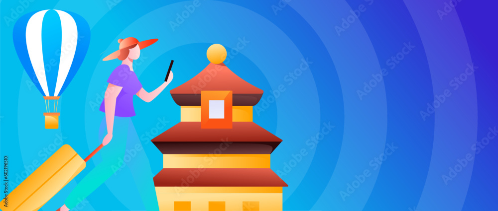 Obraz premium Holiday travel travel characters internet background vector hand drawn illustration 