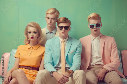 A group of retro 60s students posing on the pastel background. Retro hairstyle and clothing in pastel colors. Generated AI.