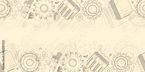 Mechanical engineering drawings on light background. Cutting tools, milling cutter. Technical Design. Cover. Blueprint. Seamless pattern. Vector illustration.