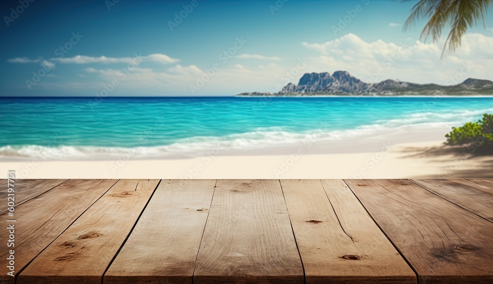Fototapeta premium Blurred blue sky and sea with bokeh light and white wooden table background by ai generative