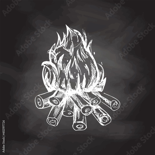 Hand drawn sketch of bonfire. Vintage vector  object  isolated on chalkboard  background. Doodle drawing.