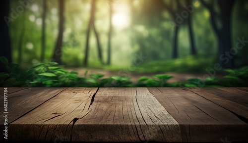 empty table wood with blurred forest background good for display product by ai generative