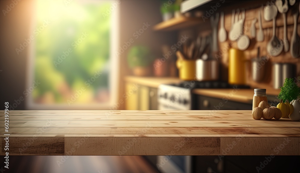 Wood table top on blur kitchen room background.For montage product display or design key visual layout. by ai generative Wood table top on blur kitchen room background.For montage product display or design key visual layout. by ai generative