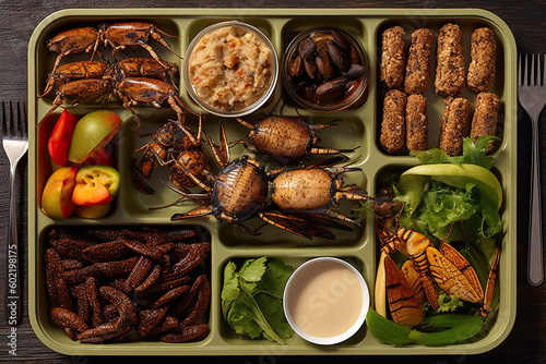 Overhead shot school lunch tray of cooked insects and bugs school food Generative AI © PaulShlykov