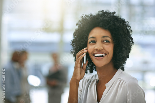 Phone call, business and laughing black woman in office workplace with mockup space. Cellphone, happiness and African female person speaking, professional communication or funny discussion of contact