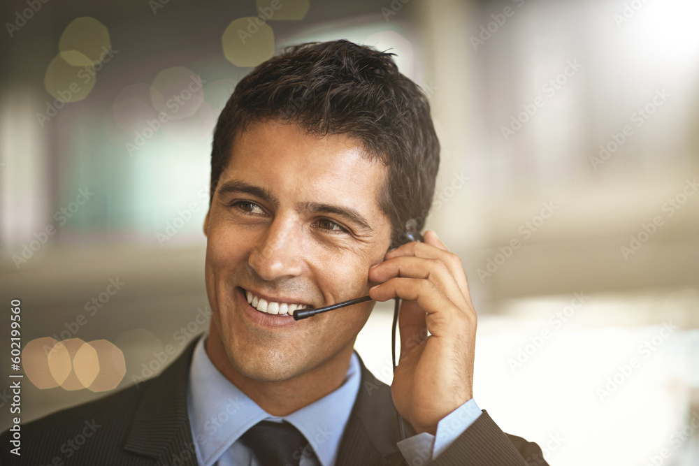 Happy man, thinking and call center for virtual communication, business support or finance services. Salesman agent, financial advisor or corporate person consulting, solution chat or advice on space Happy man, thinking and call center for virtual communication, business support or finance services. Salesman agent, financial advisor or corporate person consulting, solution chat or advice on space
