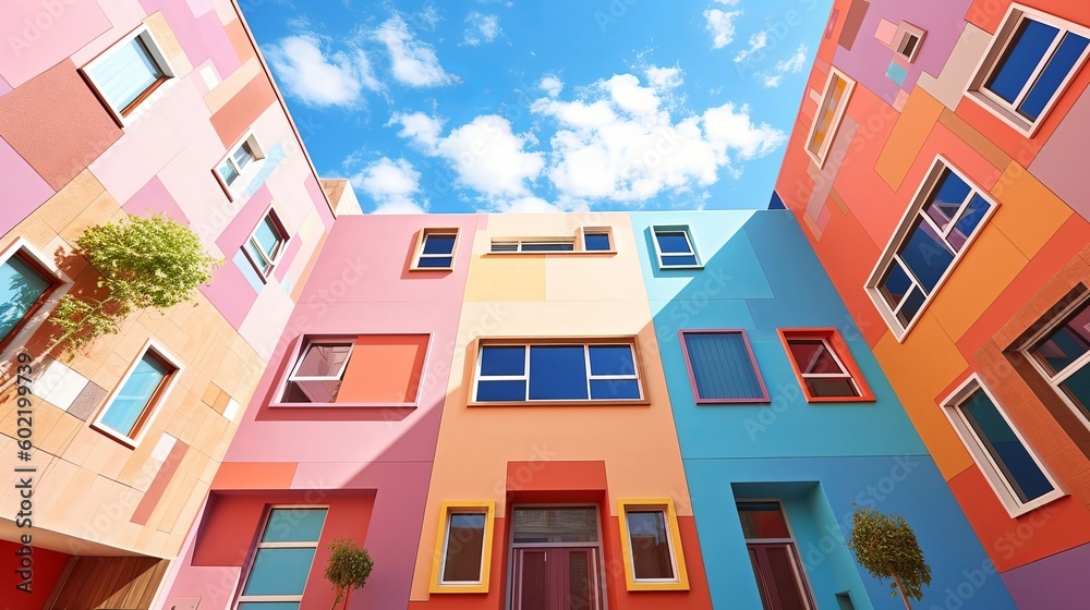 colorful building veneer and blue sky patio. Creative resource, AI Generated