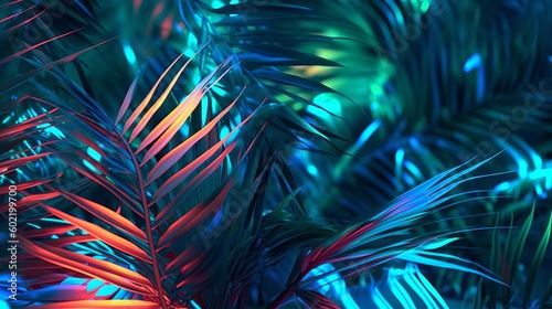 Photo of palm takes off in neon lighting. Creative resource, AI Generated