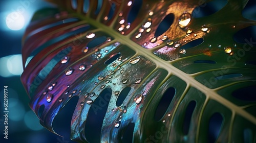 Closeup see of characteristic holographic monstera leaf. Creative resource, AI Generated photo
