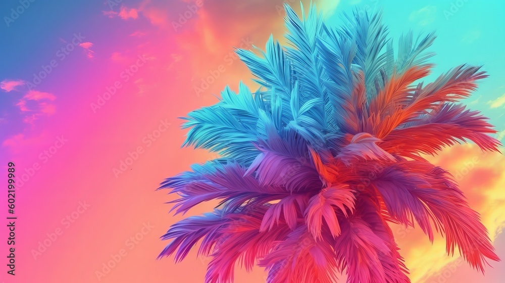Cushioned palm tree on sky establishment conditioned in energized sprinkled rainbow neon pastel colors. Creative resource, AI Generated Cushioned palm tree on sky establishment conditioned in energized sprinkled rainbow neon pastel colors. Creative resource, AI Generated