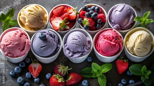 Differentiating of ice cream flavor whit unused blueberry, strawberry, kiwi, lemon, vanilla setup on common foundation. Creative resource, AI Generated photo