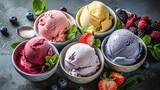Keeping of ice cream flavor whit unused blueberry, strawberry, kiwi, lemon, vanilla setup on common foundation. Creative resource, AI Generated