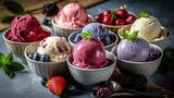 Keeping of ice cream flavor whit unused blueberry, strawberry, kiwi, lemon, vanilla setup on common establishment. Creative resource, AI Generated