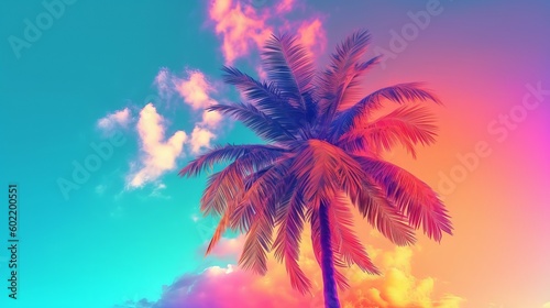 Padded palm tree on sky foundation conditioned in energized sprinkled rainbow neon pastel colors. Creative resource, AI Generated © Denys