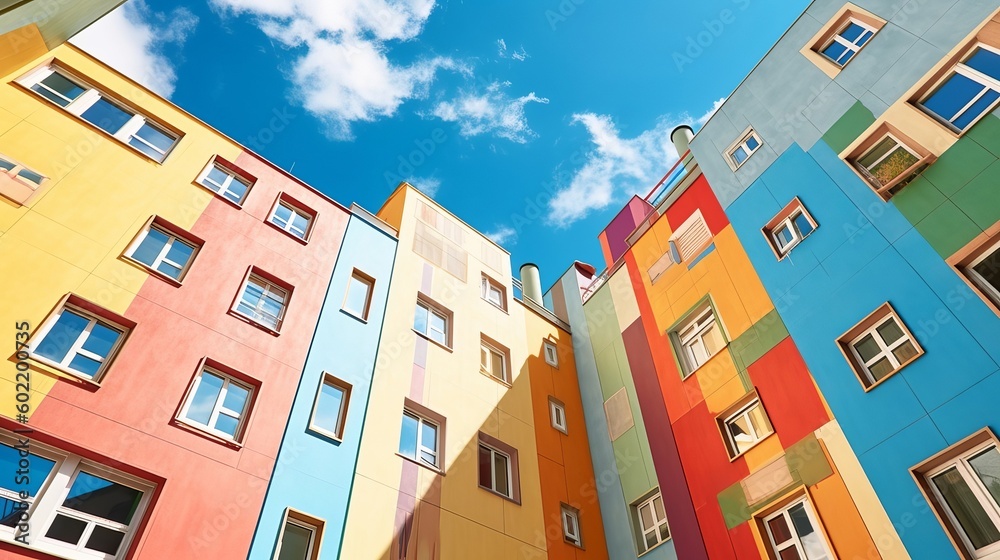 colorful building wrap and blue sky yard. Creative resource, AI Generated