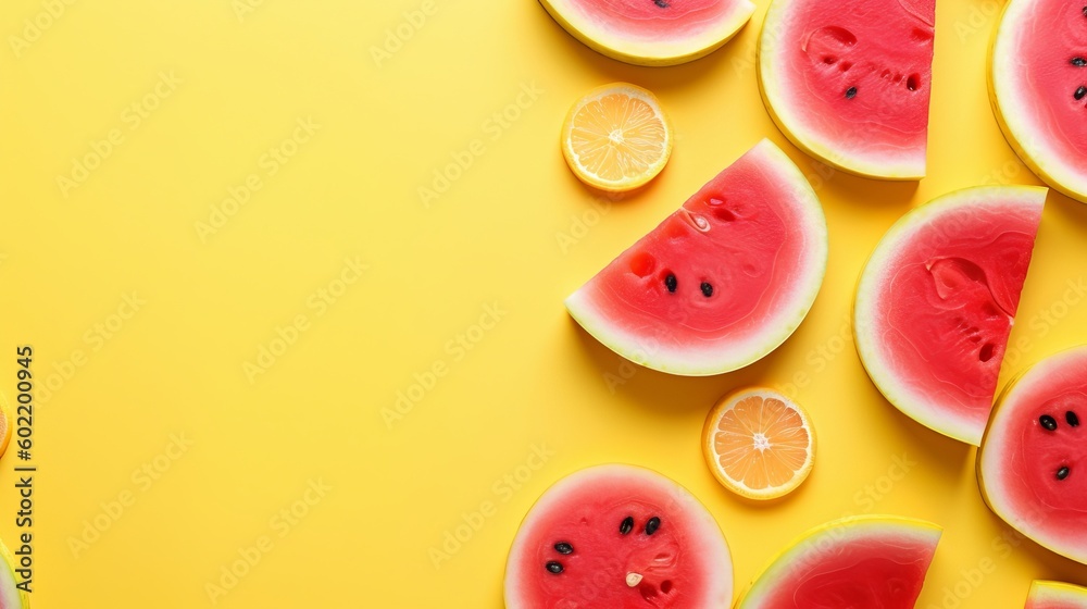 Inventive organize made of watermelon, lemon. Level lay. Food concept. Clearing scale concept. Creative resource, AI Generated Inventive organize made of watermelon, lemon. Level lay. Food concept. Clearing scale concept. Creative resource, AI Generated